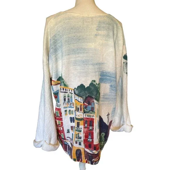 Michael Leu Sweater Size 1X Art Apparel Group Cotton Italian Scene V Neck - Picture 2 of 16